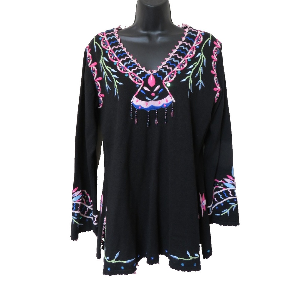 Storybook Knits Womens S Black Festive Embroidered Tunic Beaded Sweater